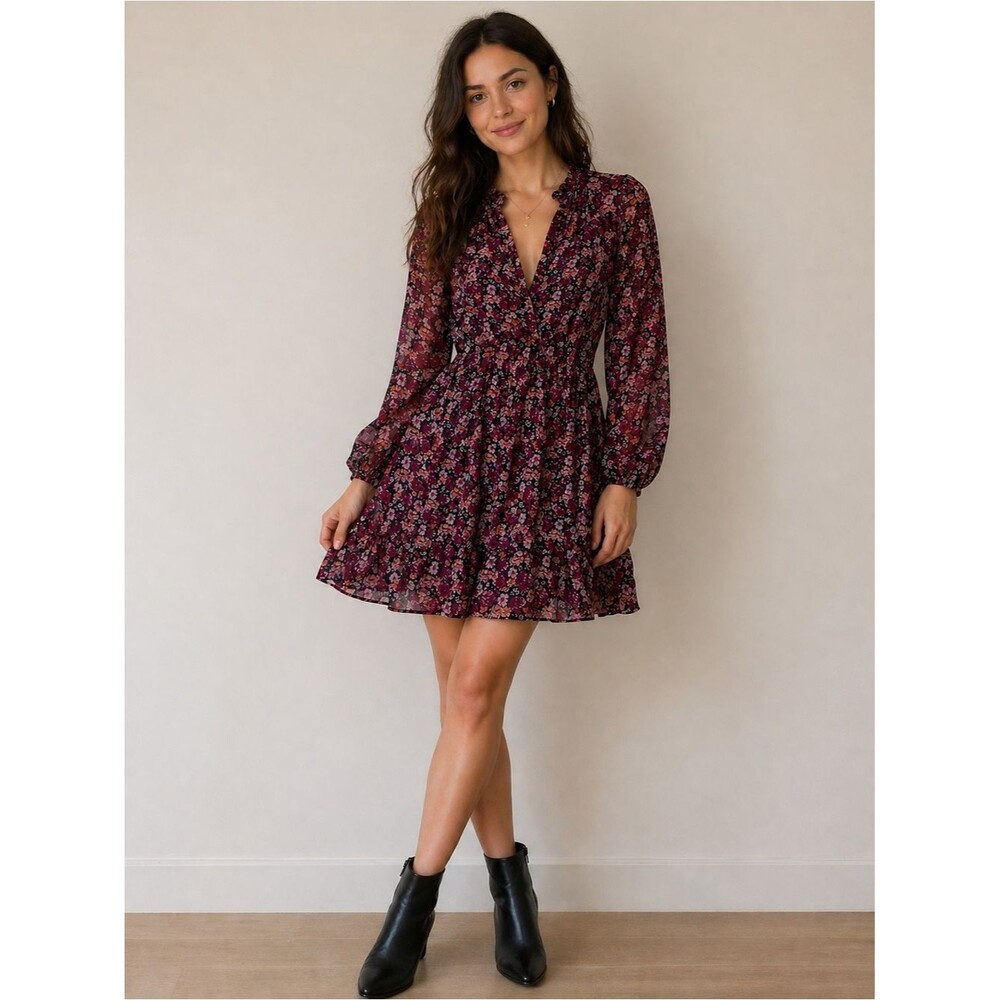 Shoshanna Burgundy Pink Floral Long Sleeve Tiered Ruffle Mini Dress Size 6